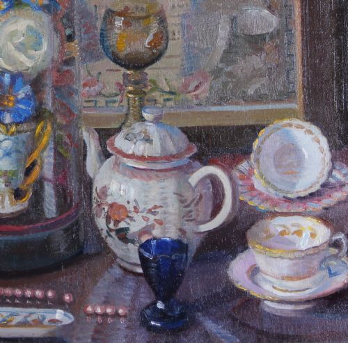 KATHERINE BOURNE HOUSEHOLD ANTIQUES STILL LIFE OIL PAINTING - ADDITIONAL PHOTO 5