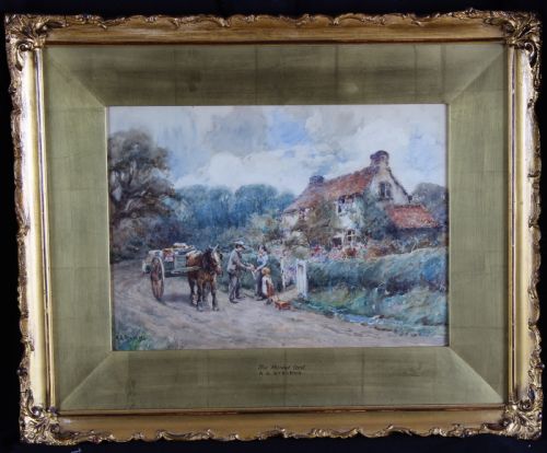 fig 1. A watercolour painting by Alfred George Stevens depicting a horse-drawn market cart, figures, and a cottage along a country lane under a cloudy blue sky.