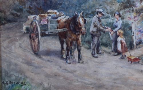 fig 2. A watercolour painting by Alfred George Stevens depicting a horse-drawn market cart, figures, and a cottage along a country lane under a cloudy blue sky.