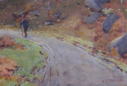 fig 2. A framed watercolour landscape painting by Willie Stephenson depicting a gypsy encampment with traditional caravans and a tent along a mountain path.