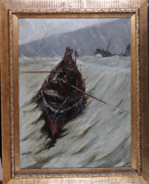 fig 1. An antique marine oil painting depicting three fishermen in a small wooden boat navigating turbulent grey seas.