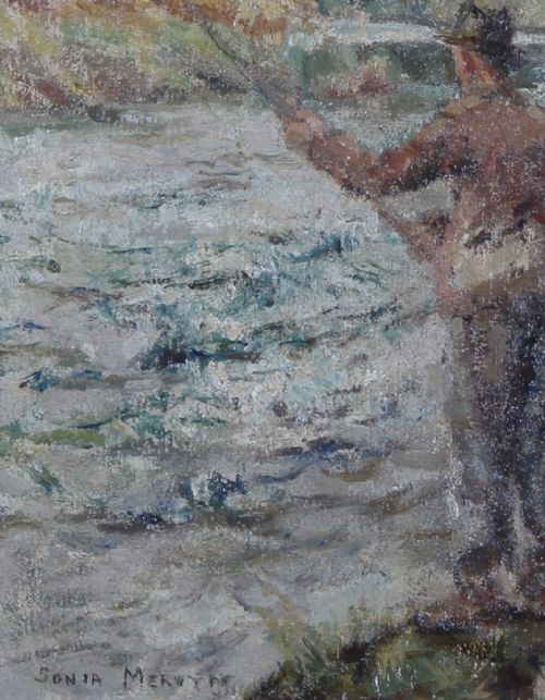 SONIA MERVYN FISHERMAN SPORTING OIL PAINTING LANDSCAPE - ADDITIONAL PHOTO 2