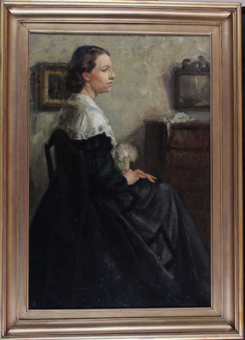 fig 1. A mid-twentieth-century oil painting on canvas depicting a seated woman in profile wearing a dark dress and white lace shawl within an interior setting.