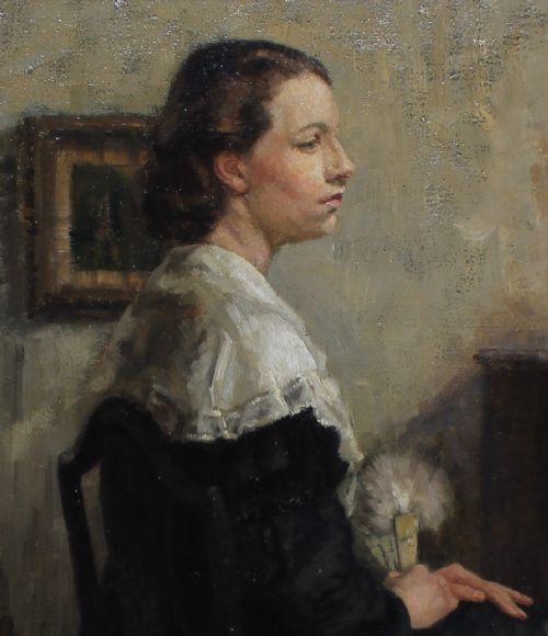 fig 2. A mid-twentieth-century oil painting on canvas depicting a seated woman in profile wearing a dark dress and white lace shawl within an interior setting.