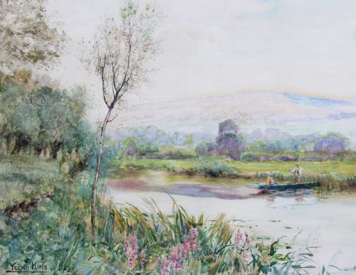fig 1. A framed watercolour painting depicting a river scene with trees, figures in a boat, and hills in the background, housed in a double mount and ornate gilt frame.