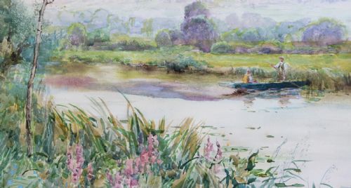 fig 2. A framed watercolour painting depicting a river scene with trees, figures in a boat, and hills in the background, housed in a double mount and ornate gilt frame.
