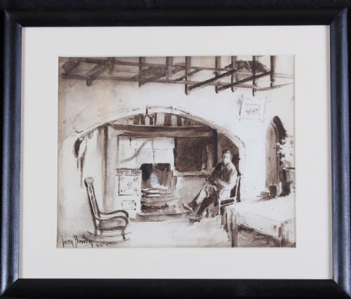 fig 1. A monochrome sepia watercolour painting depicting a figure seated near a large inglenook fireplace inside a historic castle interior.