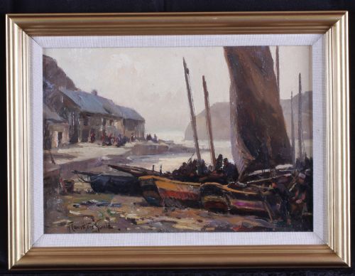 fig 1. An impressionistic marine oil painting depicting fishing boats along the shore of Staithes with figures and cottages against coastal cliffs in muted brown and grey tones.