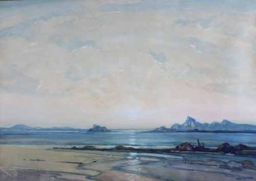 fig 1. A framed landscape watercolour painting depicting a coastal seascape at sunset with distant mountains, blue waters, and a gold gilt frame.