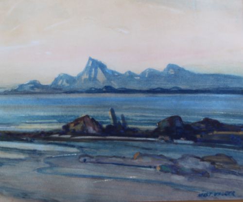 fig 2. A framed landscape watercolour painting depicting a coastal seascape at sunset with distant mountains, blue waters, and a gold gilt frame.