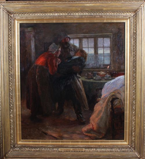 fig 1. An oil painting depicting a fisherman carrying a sleeping child into a dimly lit cottage room while a woman wearing a red top leans forward.