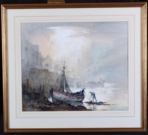 fig 1. An atmospheric watercolour painting illustrating a fishing coble boat resting on a misty shore near steep cliffs with figures working nearby.