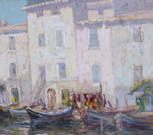 fig 2. An impressionist oil painting depicting small wooden fishing boats moored in a calm French harbour in front of light stone buildings.