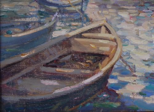 fig 3. An impressionist oil painting depicting small wooden fishing boats moored in a calm French harbour in front of light stone buildings.