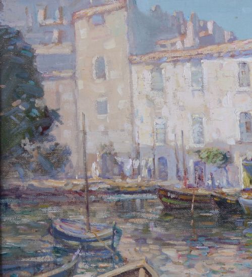 fig 4. An impressionist oil painting depicting small wooden fishing boats moored in a calm French harbour in front of light stone buildings.