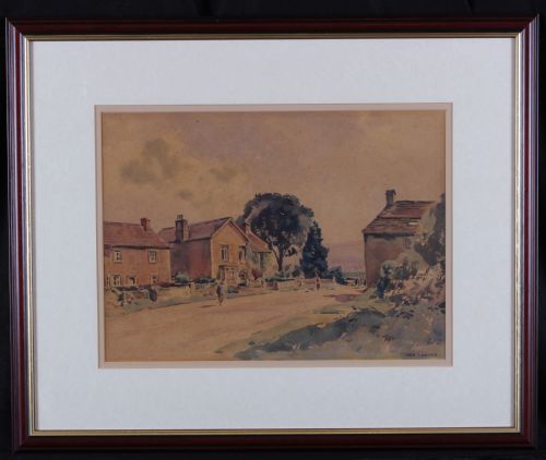 fig 1. A watercolour painting depicting stone cottages lining a village street in Castle Bolton, Wensleydale, executed in muted earth tones.