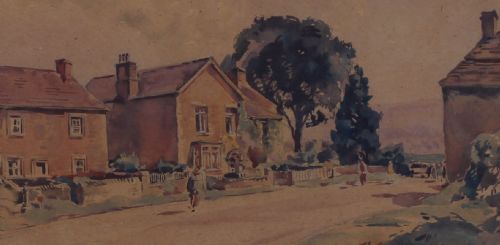 fig 2. A watercolour painting depicting stone cottages lining a village street in Castle Bolton, Wensleydale, executed in muted earth tones.