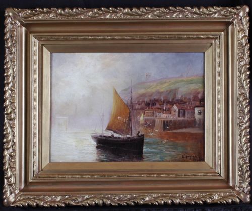fig 1. A matching pair of framed oil paintings depicting coastal harbour scenes with sailing vessels, set in ornate gold moulding.
