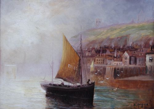 fig 3. A matching pair of framed oil paintings depicting coastal harbour scenes with sailing vessels, set in ornate gold moulding.