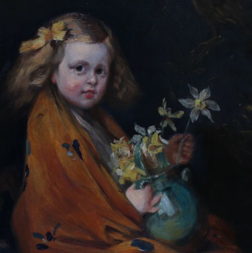 fig 2. An antique oil painting depicting a young girl draped in a warm orange shawl holding a jug of flowers, enclosed within a carved gilded frame.