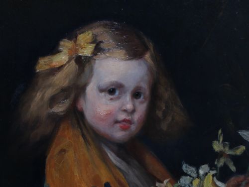 fig 3. An antique oil painting depicting a young girl draped in a warm orange shawl holding a jug of flowers, enclosed within a carved gilded frame.