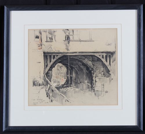 fig 1. A pencil and watercolour architectural drawing depicting the stone arch beneath High Bridge in Lincoln, dated 1929.