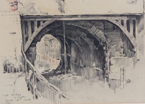 fig 3. A pencil and watercolour architectural drawing depicting the stone arch beneath High Bridge in Lincoln, dated 1929.