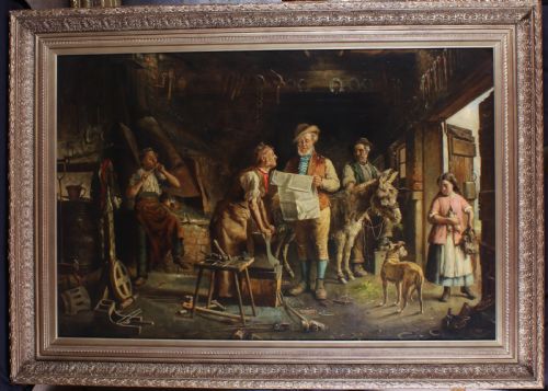 fig 1. A 19th-century Victorian oil painting depicting a detailed blacksmith shop interior with working figures, an anvil, tools, a dog, and a donkey.