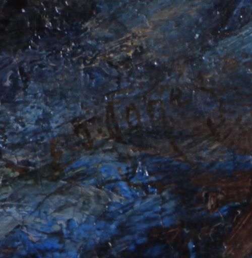 fig 2. An antique oil painting depicting a hazy coastal tide pool scene with dark rocky outcrops, soft mist-covered cliffs, and an overcast sky.
