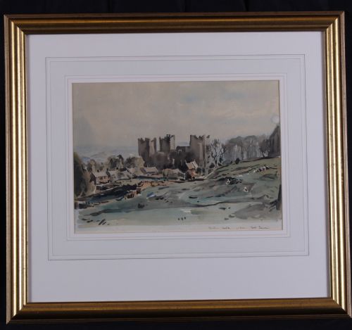 fig 1. A watercolour landscape painting depicting the dark silhouette of Bolton Castle surrounded by rolling hills in muted grey and brown tones.