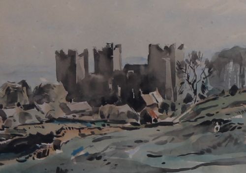 fig 2. A watercolour landscape painting depicting the dark silhouette of Bolton Castle surrounded by rolling hills in muted grey and brown tones.