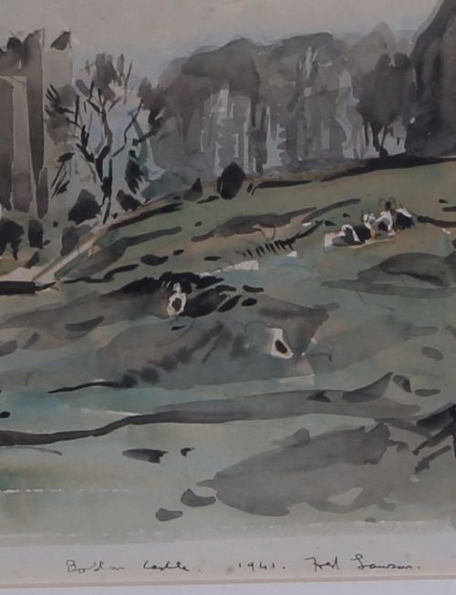 fig 3. A watercolour landscape painting depicting the dark silhouette of Bolton Castle surrounded by rolling hills in muted grey and brown tones.