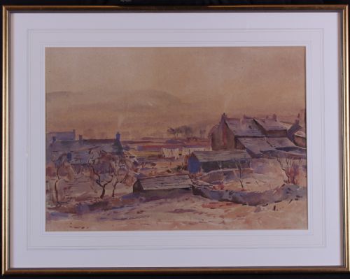 fig 1. A watercolour landscape depiction of rural cottages with laundry hanging on a line against distant mist-covered hills in warm brown tones.