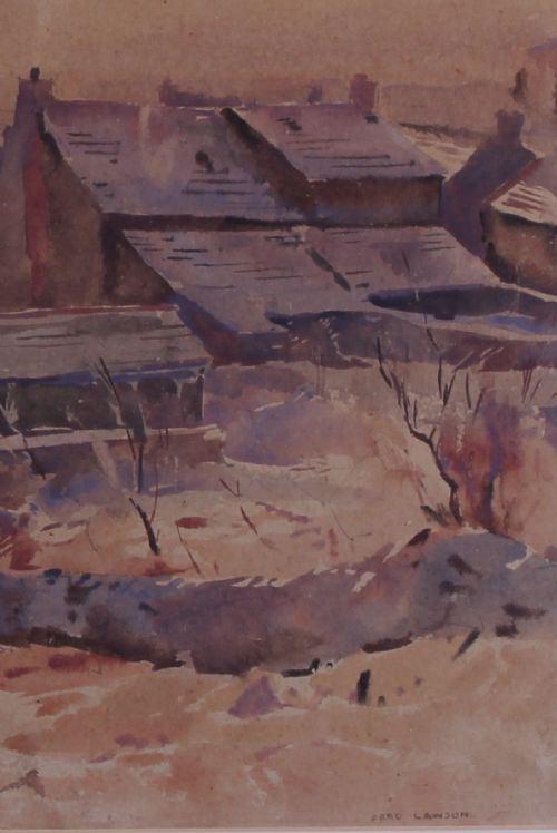 fig 2. A watercolour landscape depiction of rural cottages with laundry hanging on a line against distant mist-covered hills in warm brown tones.