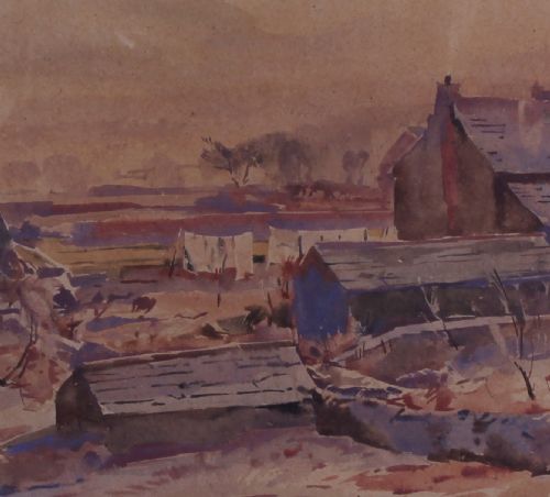 fig 3. A watercolour landscape depiction of rural cottages with laundry hanging on a line against distant mist-covered hills in warm brown tones.