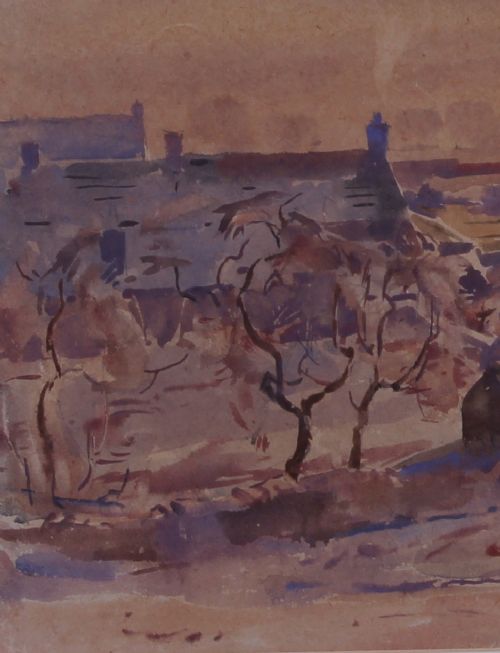 fig 4. A watercolour landscape depiction of rural cottages with laundry hanging on a line against distant mist-covered hills in warm brown tones.