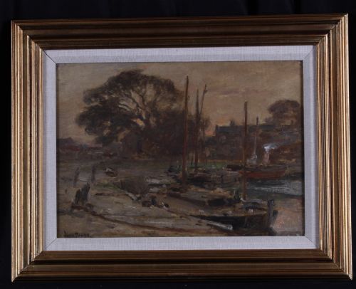 fig 1. An impressionist marine oil painting depicting boats moored in Blakeney Harbour with tall masts against a muted sky and trees in earthy brown tones.