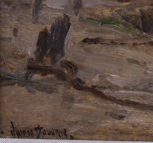 fig 2. An impressionist marine oil painting depicting boats moored in Blakeney Harbour with tall masts against a muted sky and trees in earthy brown tones.
