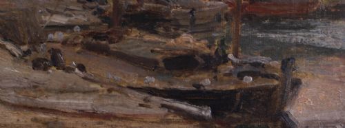 fig 3. An impressionist marine oil painting depicting boats moored in Blakeney Harbour with tall masts against a muted sky and trees in earthy brown tones.