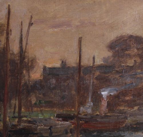 fig 4. An impressionist marine oil painting depicting boats moored in Blakeney Harbour with tall masts against a muted sky and trees in earthy brown tones.