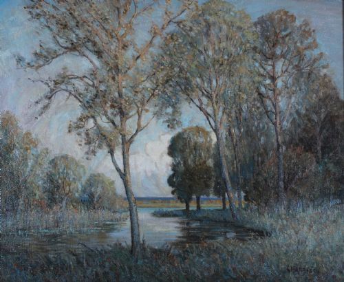 fig 1. A large impressionistic oil painting depicting a calm lake surrounded by tall leafy trees, set within an ornate gilded frame.