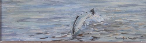 fig 1. A horizontal oil painting showing a leaping salmon in water, housed within a wide whitewashed and gilt wooden frame.