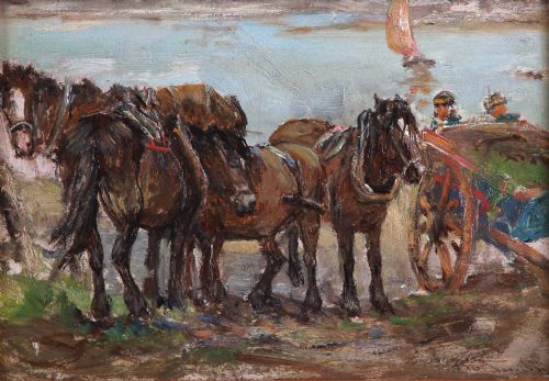 fig 1. An antique oil painting depicting draft horses and a cart on a shoreline, housed within an ornate swept gilt frame.