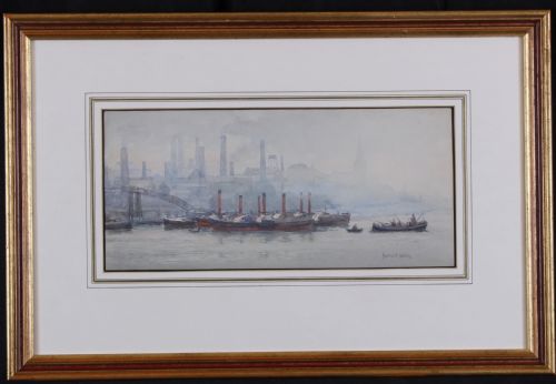fig 1. A muted grey and soft blue watercolour painting depicting industrial steamships on the River Thames in London surrounded by hazy smoke and factory chimneys.