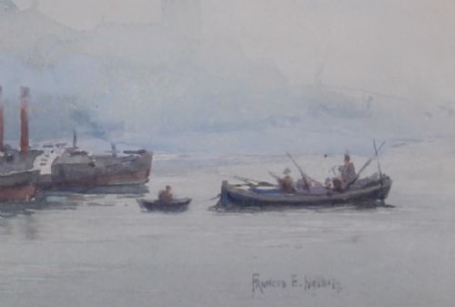 fig 2. A muted grey and soft blue watercolour painting depicting industrial steamships on the River Thames in London surrounded by hazy smoke and factory chimneys.