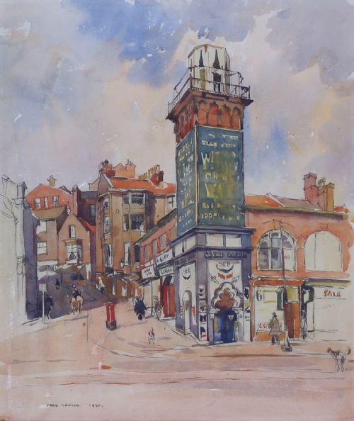 fig 1. A framed 1930 watercolour painting depicting a street scene in Scarborough with architectural buildings and a tall tower under a cloudy sky.
