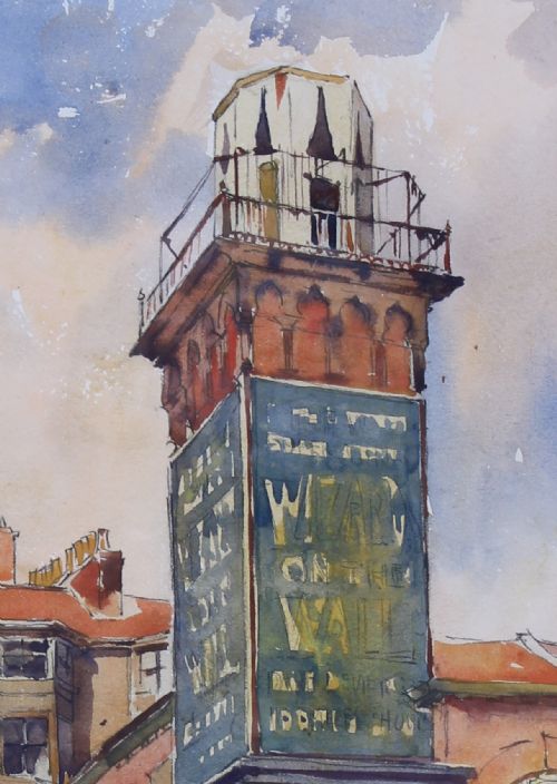 fig 2. A framed 1930 watercolour painting depicting a street scene in Scarborough with architectural buildings and a tall tower under a cloudy sky.