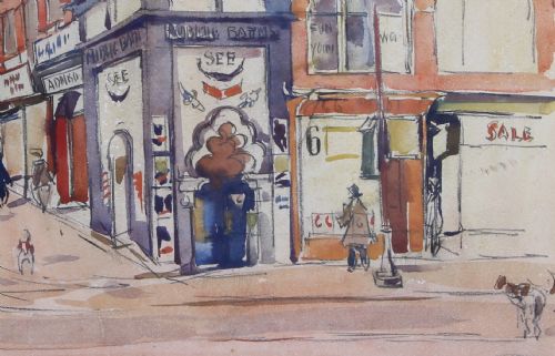 fig 4. A framed 1930 watercolour painting depicting a street scene in Scarborough with architectural buildings and a tall tower under a cloudy sky.