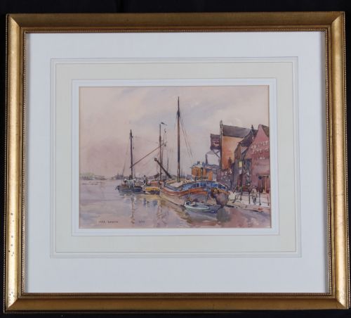fig 1. An original 1929 watercolour painting depicting moored boats alongside harbour buildings in Lincoln by artist Fred Lawson.