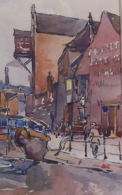 fig 3. An original 1929 watercolour painting depicting moored boats alongside harbour buildings in Lincoln by artist Fred Lawson.